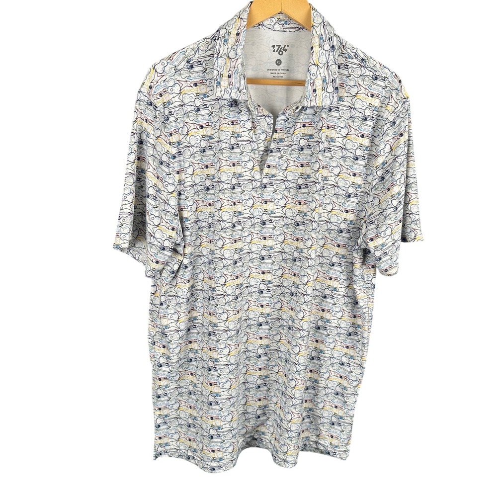 1764 Golf Mens XL Guitar Print Performance Polo Shirt White Multi Color Stretch